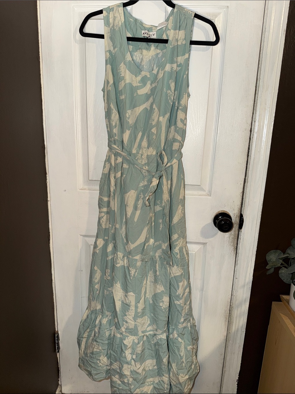 Ava & Viv Light Teal & Cream Tiered Sleeveless Maxi Dress with Tie Waist